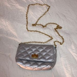 Silver cross body purse with gold accents